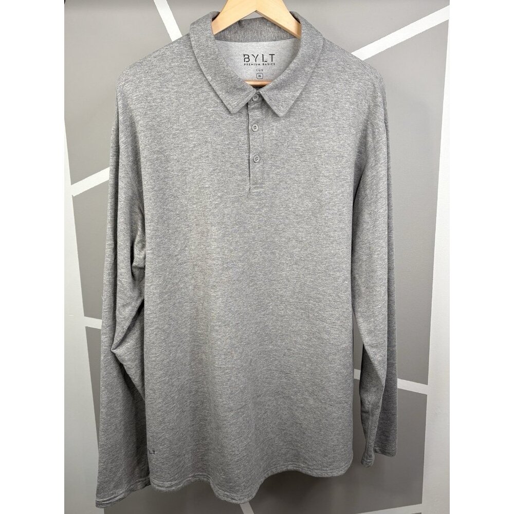 BYLT Premium Basics LUX Drop Cut Long Sleeve Polo Shirt Mens XL Heather Grey